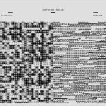 Composição abstrata em preto e branco com padrões geométricos e elementos binários associados à computação digital.