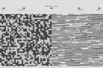 Composição abstrata em preto e branco com padrões geométricos e elementos binários associados à computação digital.