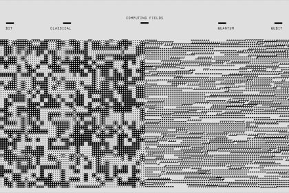 Composição abstrata em preto e branco com padrões geométricos e elementos binários associados à computação digital.