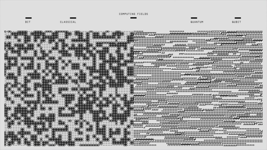 Composição abstrata em preto e branco com padrões geométricos e elementos binários associados à computação digital.